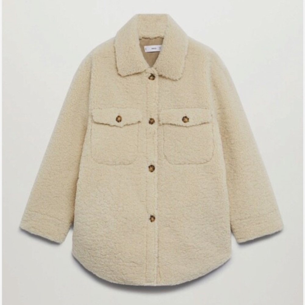 MANGO Faux Shearling Teddy Shirt Jacket Oversized Beige Button Overshirt
